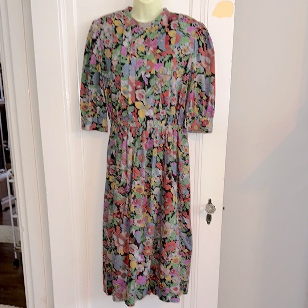 Vintage 80s Floral Multicolor Pleated Bodice Dress With Full Skirt